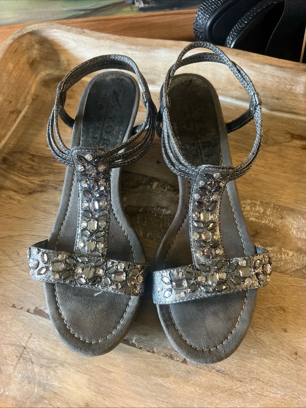 New York Transit Silver T-Strap Jeweled Sandals